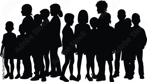 Silhouettes of a group of children standing closely together in a line