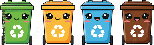 Cartoon recycling bins with smiling faces in green, yellow, blue, brown, waste sorting concept, cad drawing flat vector illustration