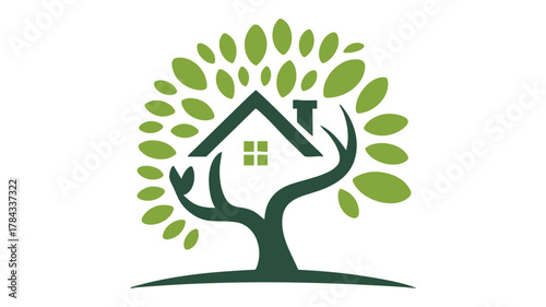 House in green leaves tree logo