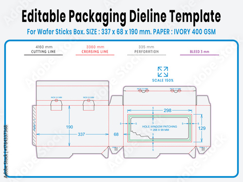 Editable packaging dieline template for wafer box. Real dimensions with cutting, creasing, and bleed guides. Ready-to-use vector file for printing and production setup.