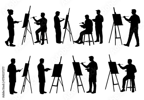 Silhouette of Artists at Work with Easels