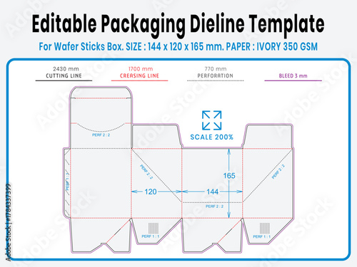 Editable packaging dieline template for wafer box. Real dimensions with cutting, creasing, and bleed guides. Ready-to-use vector file for printing and production setup.