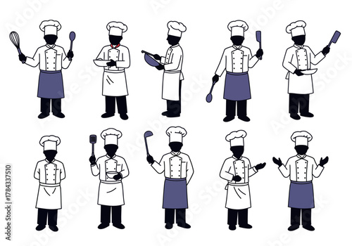 Various Poses of Chefs with Cooking Utensils Illustration