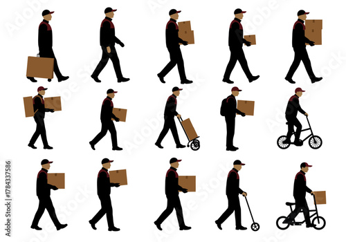 Silhouetted Delivery Man Actions Walking, Carrying, and Transporting Packages
