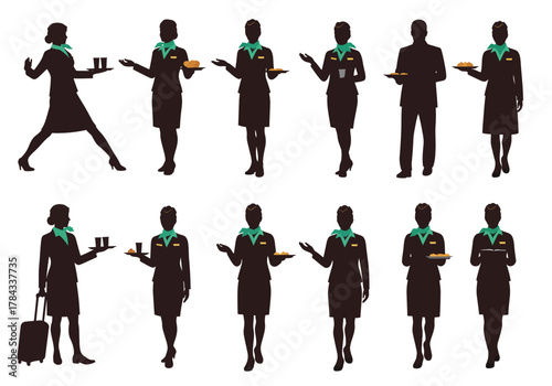 Silhouette of Flight Attendants Serving Drinks in Various Poses