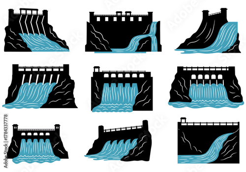 Dam Collection Water Cascades & Architectural Silhouettes in Graphic Design