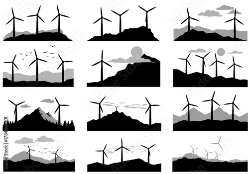 Wind Turbine Silhouettes on Hills Against Cloudy Skies