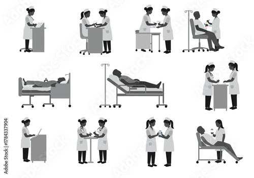 Illustrations of Medical Personnel and Patients in Hospital Settings