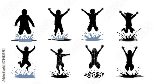 Set of silhouettes showing kids jumping in puddles with water splashing around them capturing joy and energy of playtime