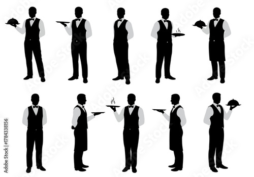 Elegant Waiters Silhouettes in Various Poses for Hospitality Design