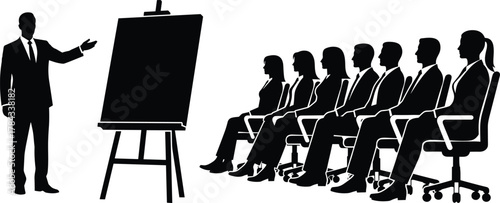 Silhouette of business presenter with audience in meeting or seminar, corporate training concept, cad drawing flat vector illustration
