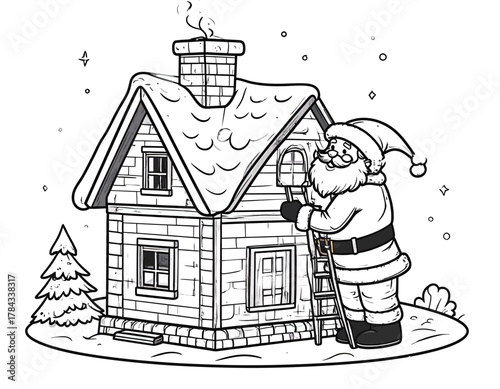 Santa Claus Decorating House for Christmas Coloring Page.