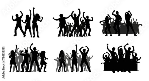 A collection of dynamic black silhouettes of large groups of people dancing with their arms raised, capturing energetic crowd scenes at various events