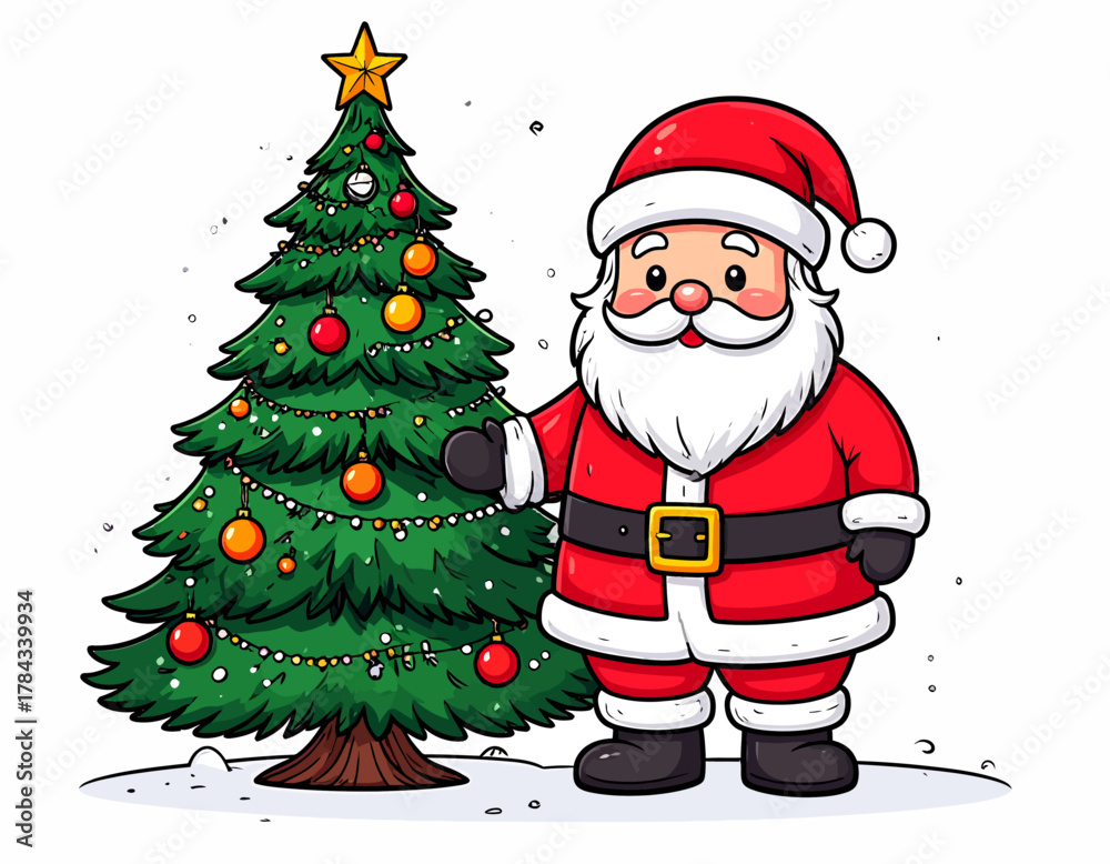 Fototapeta premium Festive Santa Claus with Christmas Tree Cartoon Illustration.