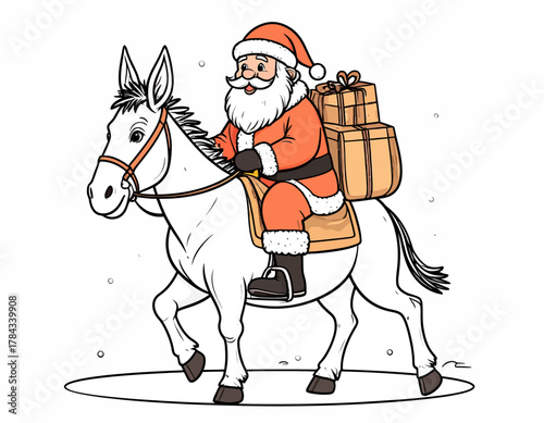 Santa Claus Riding a Donkey with Christmas Gifts Coloring Page.