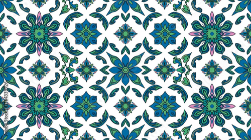 Elegant seamless pattern featuring a traditional Thai floral medallion design. Symmetrical ornamental background in vibrant blue and green for textiles or wallpaper