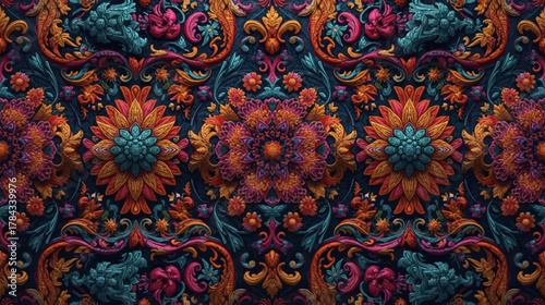 Intricate Floral Mandala Pattern with Vibrant Colors and Rich Textures