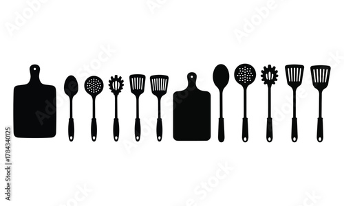 Kitchen utensils silhouettes - cooking tools collection on white backdrop