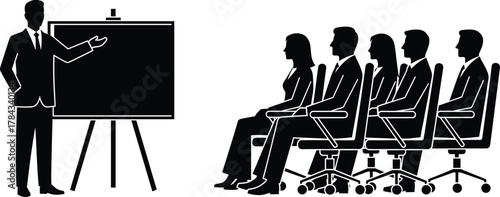 Silhouette of presenter giving lecture to seated audience, business meeting concept, training session, cad drawing flat vector