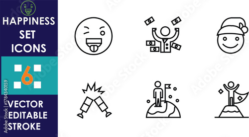 Minimalist happiness icon set featuring cheerful faces, celebration symbols, success figures, and joyful moments. Simple line art with editable strokes perfect for design projects