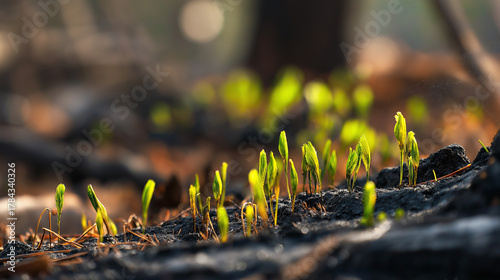 charred. Green sprouts emerging from charred forest soil after lightning strike. ESG reports, sustainability campaigns, designed for sustainability communications and ESG reporting.