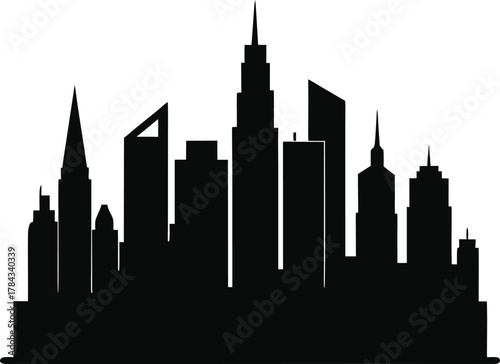 Black silhouette of a modern city skyline with tall buildings, minimal flat design, white background, real estate urban theme.