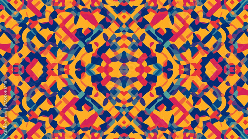 Bold and colorful abstract symmetrical pattern with a psychedelic kaleidoscope design, ideal for a vibrant, modern digital art background