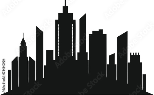 Black silhouette of a modern city skyline with tall buildings, minimal flat design, white background, real estate urban theme.