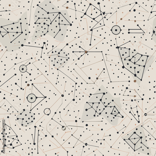 Abstract seamless vector pattern of constellations, zodiac signs, and celestial bodies in a hand-drawn style
