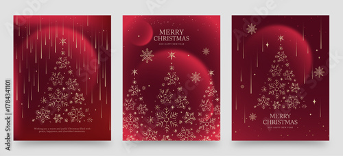 Simple Christmas Flyer, Invitation, Poster Template in Red Gold Minimalist Luxury, Classic Festive Style with Christmas Tree Snowflake Concept