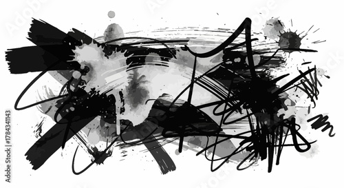 Monochrome abstract ink splatter art background with expressive brushstrokes