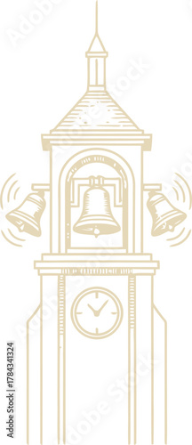 Stylized illustration of a bell tower with ringing bells and clock
