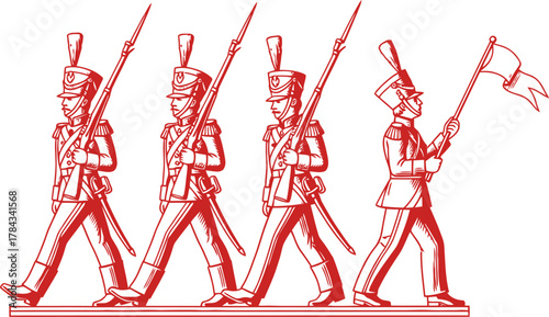 Vintage soldiers marching with rifles and flag illustration