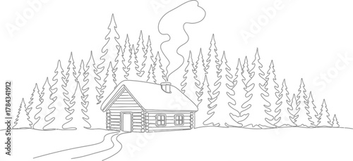 Cozy Log Cabin in Snowy Forest Line Art
