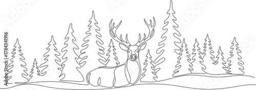 Continuous Line Drawing of a Deer in a Forest