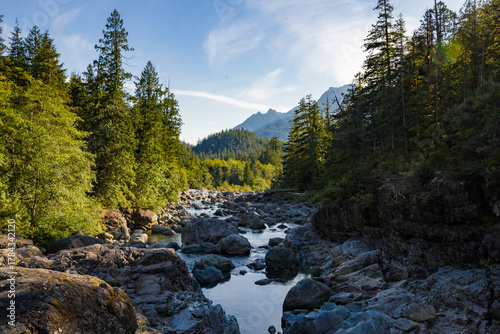 Sunset over the Kennedy River at the Pacific Rim National Park on the West Coast of Vancouver Island, British Columbia, Canada