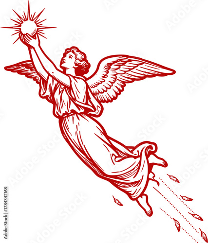 Angel holding sun with wings and trailing feathers