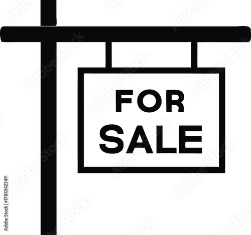 Vector icon of “FOR SALE” hanging board, minimalist black outline, real estate advertisement design.