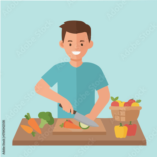 Smiling Man Chopping Vegetables in Kitchen for Healthy Meal
