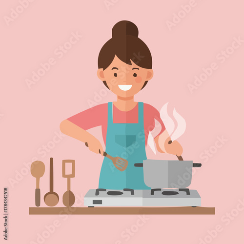 Happy young woman wearing an apron cooking food in a pot on the stove. Flat design vector illustration of a cheerful housewife preparing a meal in the kitchen with utensils