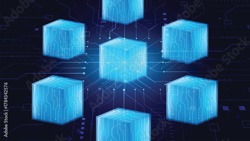 Blockchain Network of Glowing Cubes on Digital Circuit Board. Decentralized Data, AI, or Future Technology Concept.