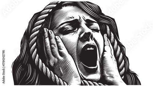 Stunning engraved illustration of a woman screaming in terror, feeling trapped and suffocating anxiety