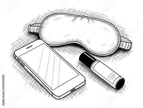 Sleep Mask, Smartphone, and Essential Oil Sketch in Hand-Drawn Style. Vector Illustration for Wellness Concept.