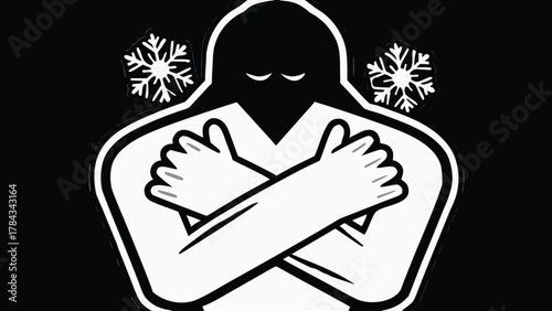 Feeling extremely cold winter chill with snowflakes, person shivering with arms crossed for warmth and protection