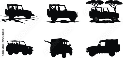 Safari vehicle silhouette set, off-road tour cars with passengers, acacia tree background, black and white vector, cad drawing flat vector illustration