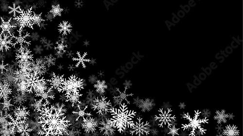 Christmas background with falling snowflakes. Winter holiday background or frame with pattern of holiday snow.