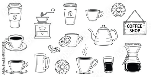 Hand drawn coffee shop elements including coffee cups donuts and coffee making equipment