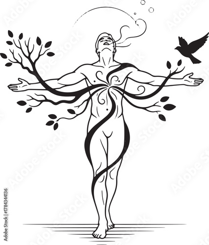 Human figure with growing branches and a bird