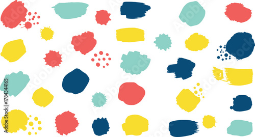 Collection of colorful abstract paint splatters and brush strokes on a white background