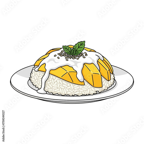 An illustration of Thai mango sticky rice dessert, served on a white plate and garnished with mint leaves.